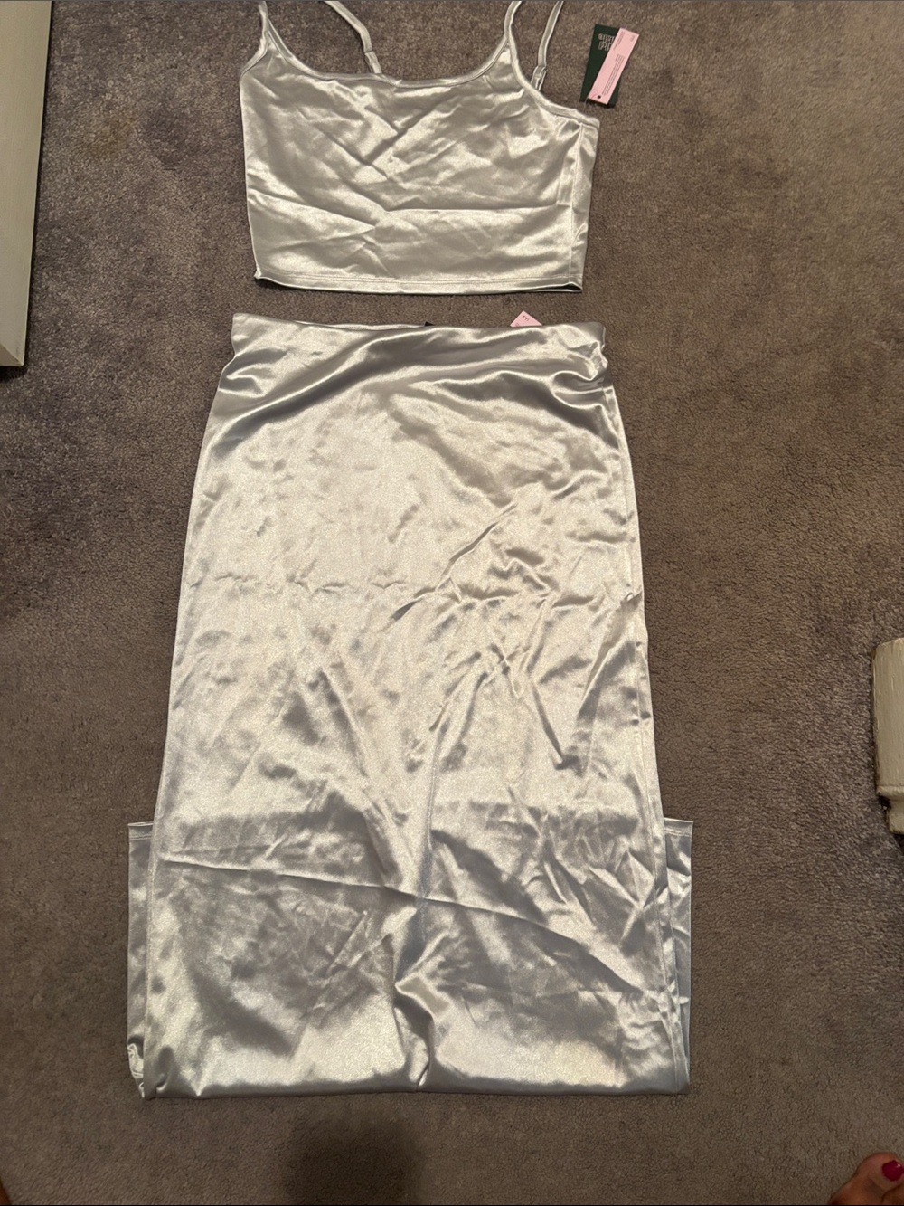 wild fable Silver Satin Maxi Skirt Set